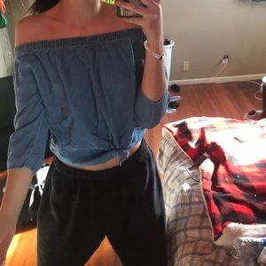 off the shoulder jean shirt